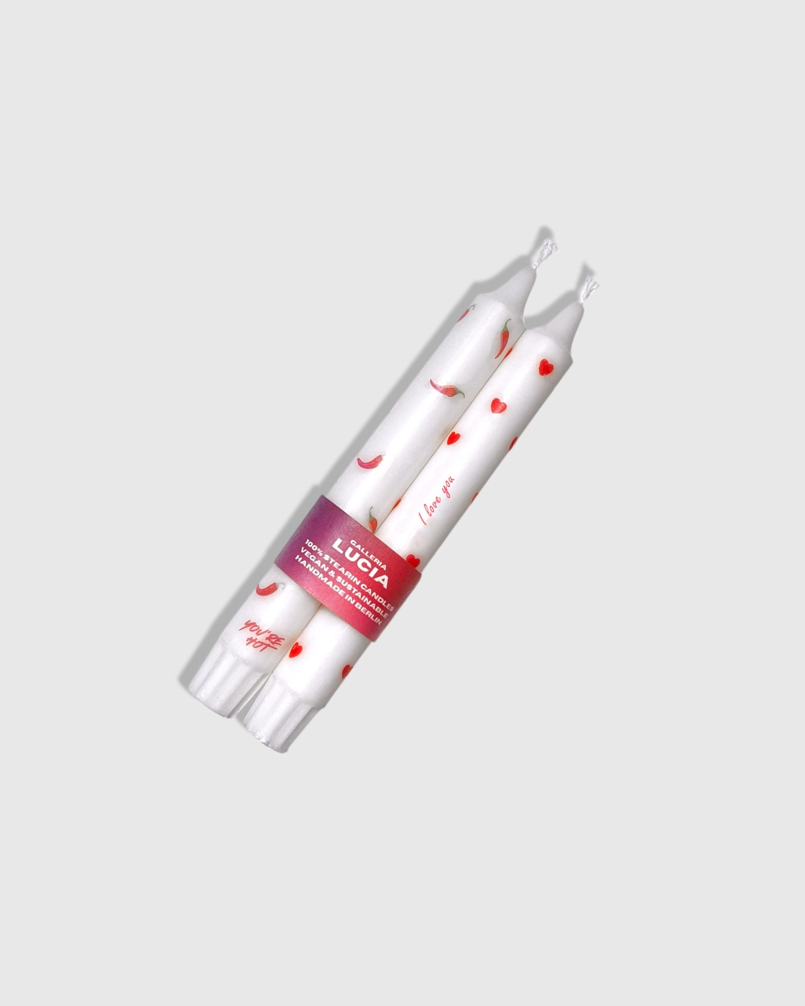 Taper candle set with red hearts and red chilli in a pink Galleria Lucia packaging